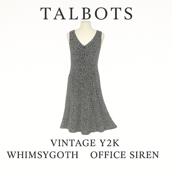 VTG Talbots Petite 2 Polka Dot Silk Dress Y2K Whimsygoth Black White OfficeSIren - Picture 1 of 10